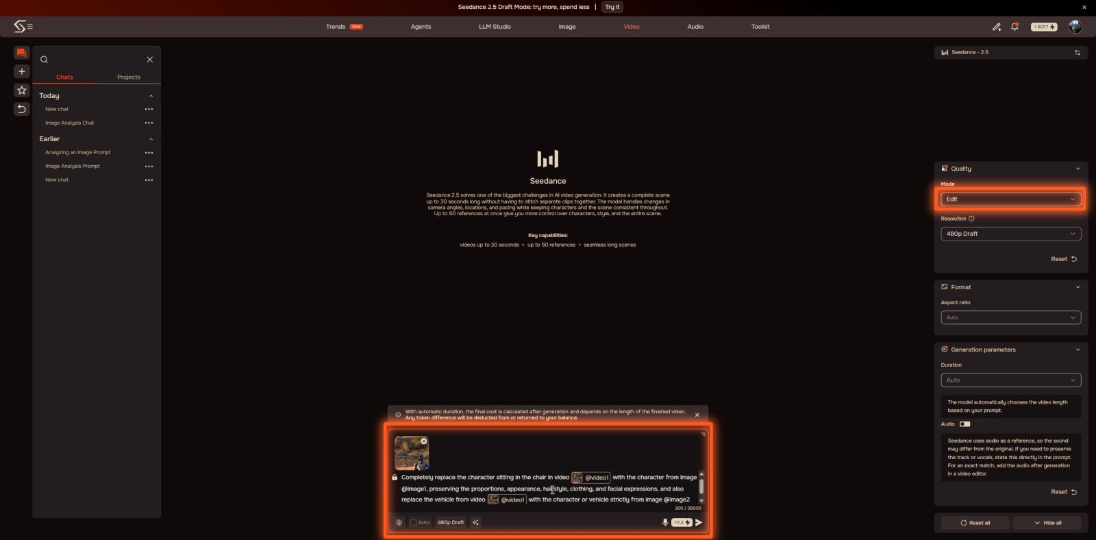 Seedance 2.5 editörü, Edit modu ve hazır prompt