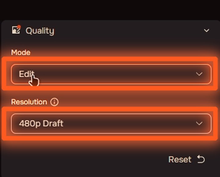 Sağ panel: Mode Edit, 480p Draft