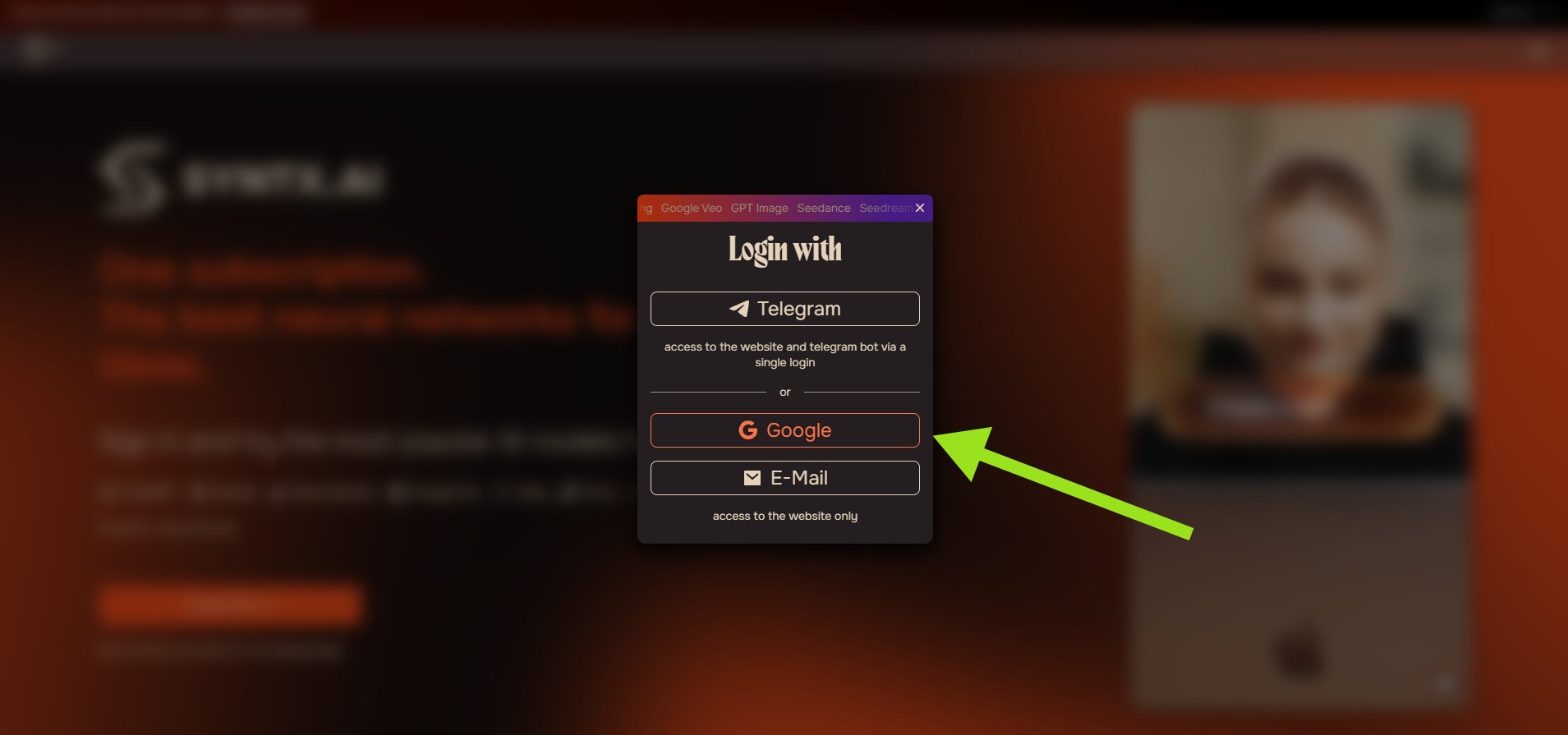 Login with: Telegram, Google, E-Mail