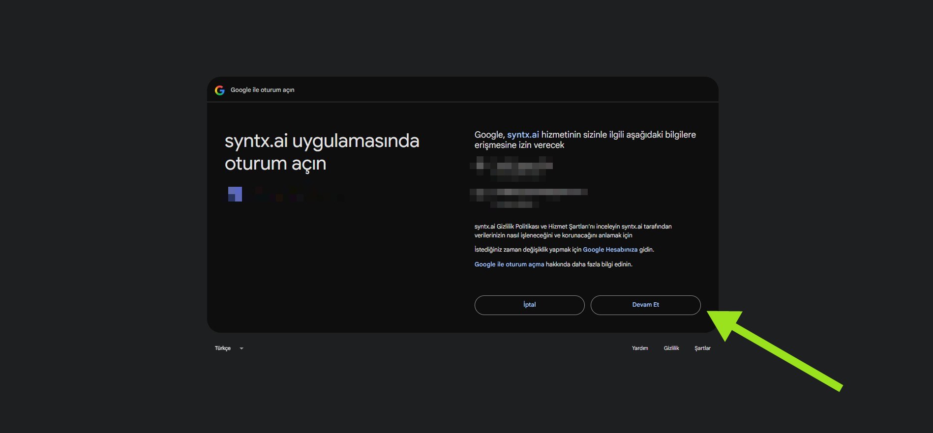Google ile oturum açma onay ekranı